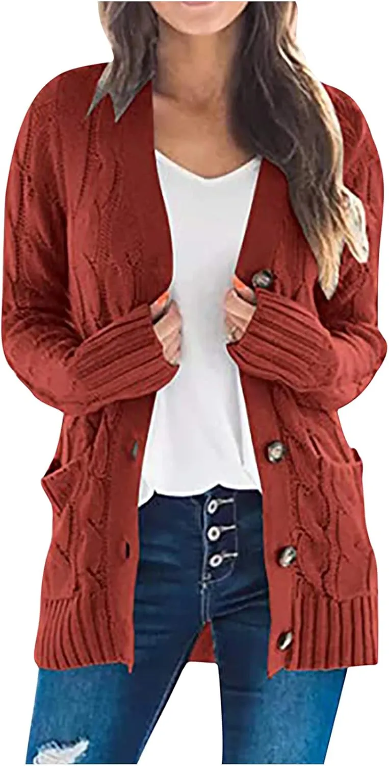 Womens Casual Long Sleeve Button Cardigan Open Front Cable Knit Sweater Outwear Loose Cardigans with Pockets