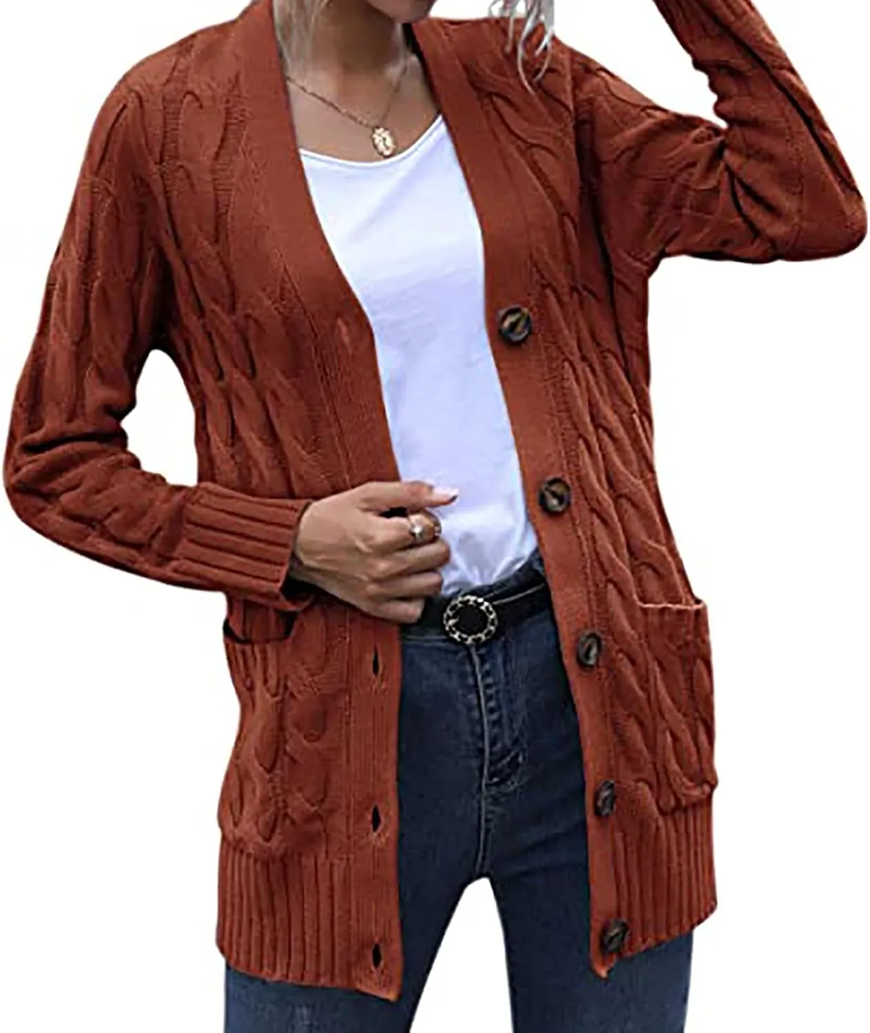 Womens Casual Long Sleeve Button Cardigan Open Front Cable Knit Sweater Outwear Loose Cardigans with Pockets