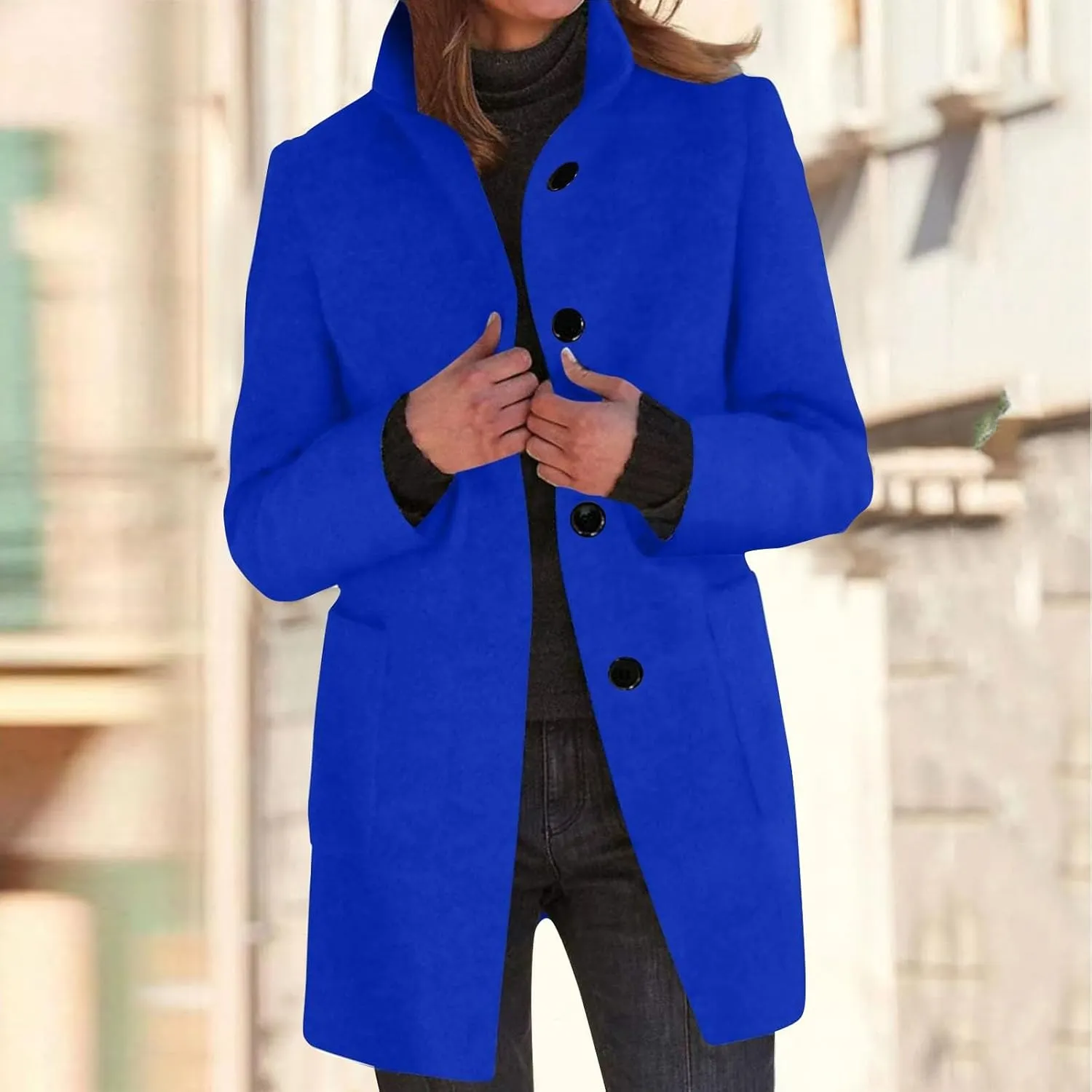 Women's Casual Thicken Wool Blend Stand Collar Single Breasted Pea Coat Women's Fashion Wool & Pea Coats 2024