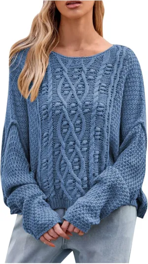 Women's Chunky Cable Knit Sweater,Oversized Cable Knit Sweater,Round Neck Loose Solid Color Knitted Sweater