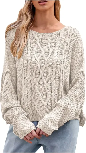 Women's Chunky Cable Knit Sweater,Oversized Cable Knit Sweater,Round Neck Loose Solid Color Knitted Sweater