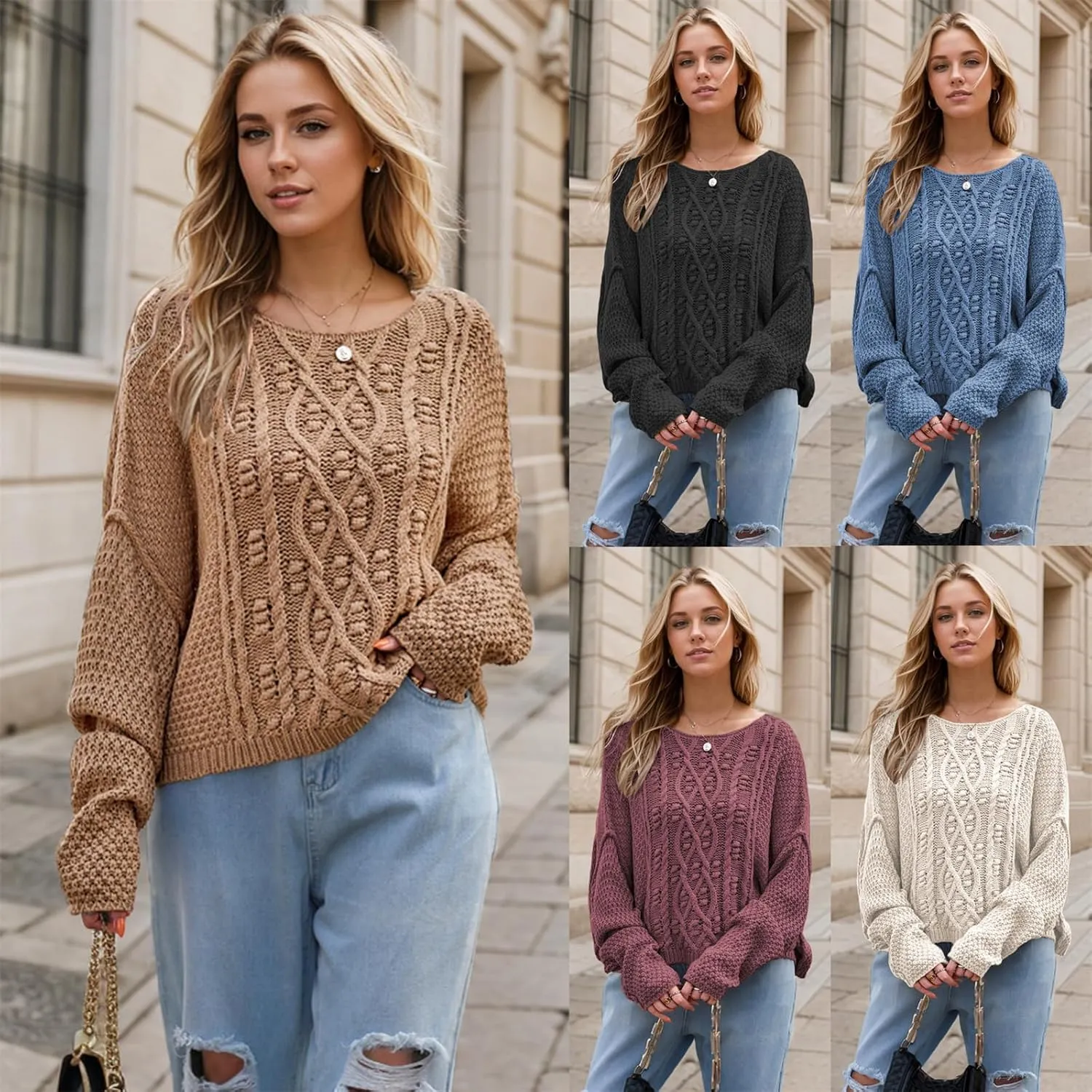 Women's Chunky Cable Knit Sweater,Oversized Cable Knit Sweater,Round Neck Loose Solid Color Knitted Sweater