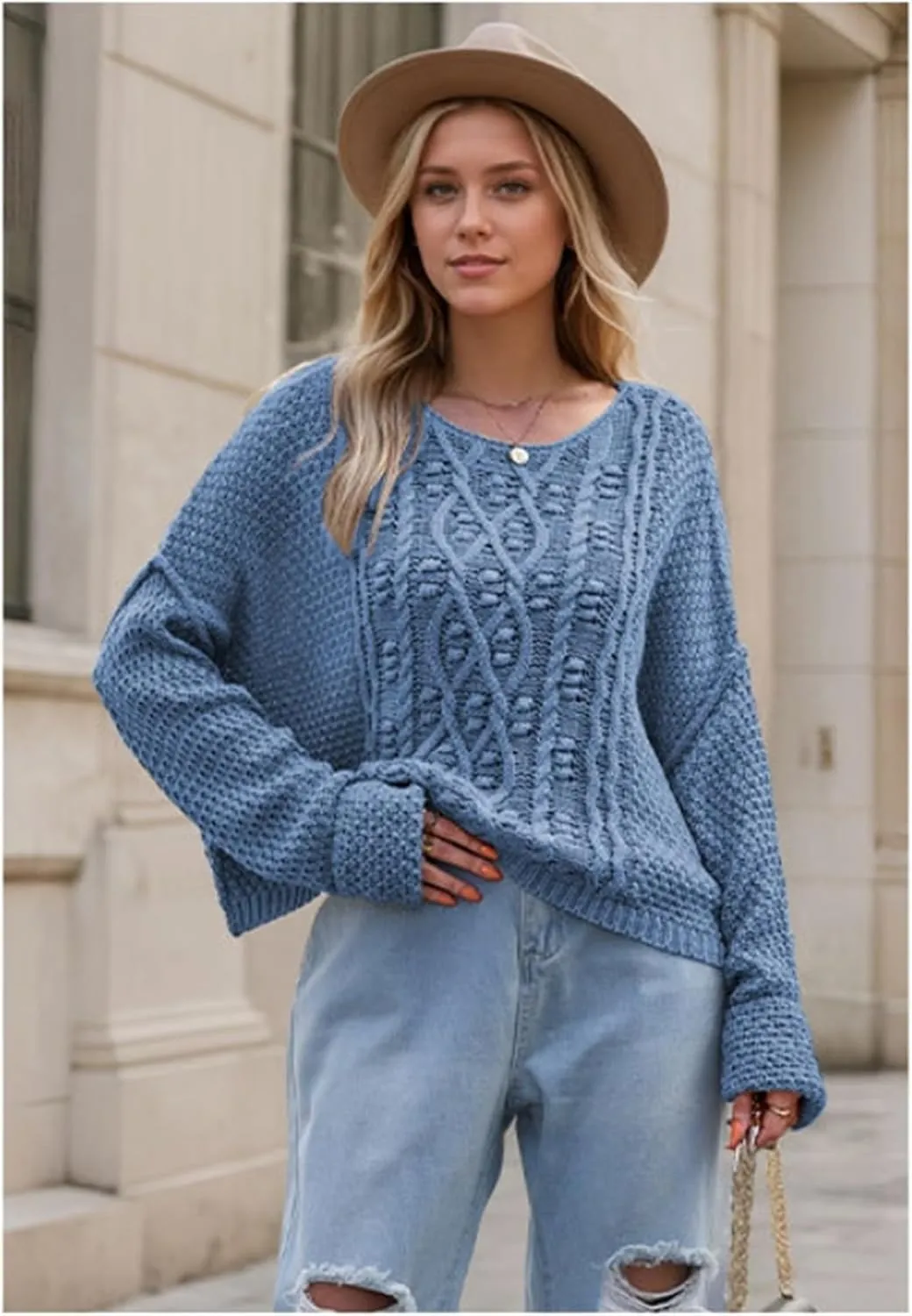 Women's Chunky Cable Knit Sweater,Oversized Cable Knit Sweater,Round Neck Loose Solid Color Knitted Sweater