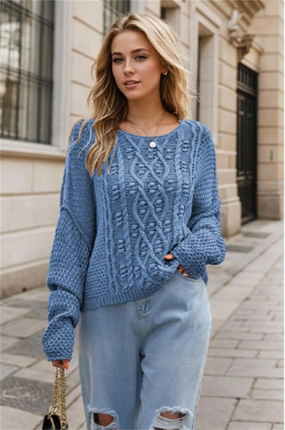 Women's Chunky Cable Knit Sweater,Oversized Cable Knit Sweater,Round Neck Loose Solid Color Knitted Sweater