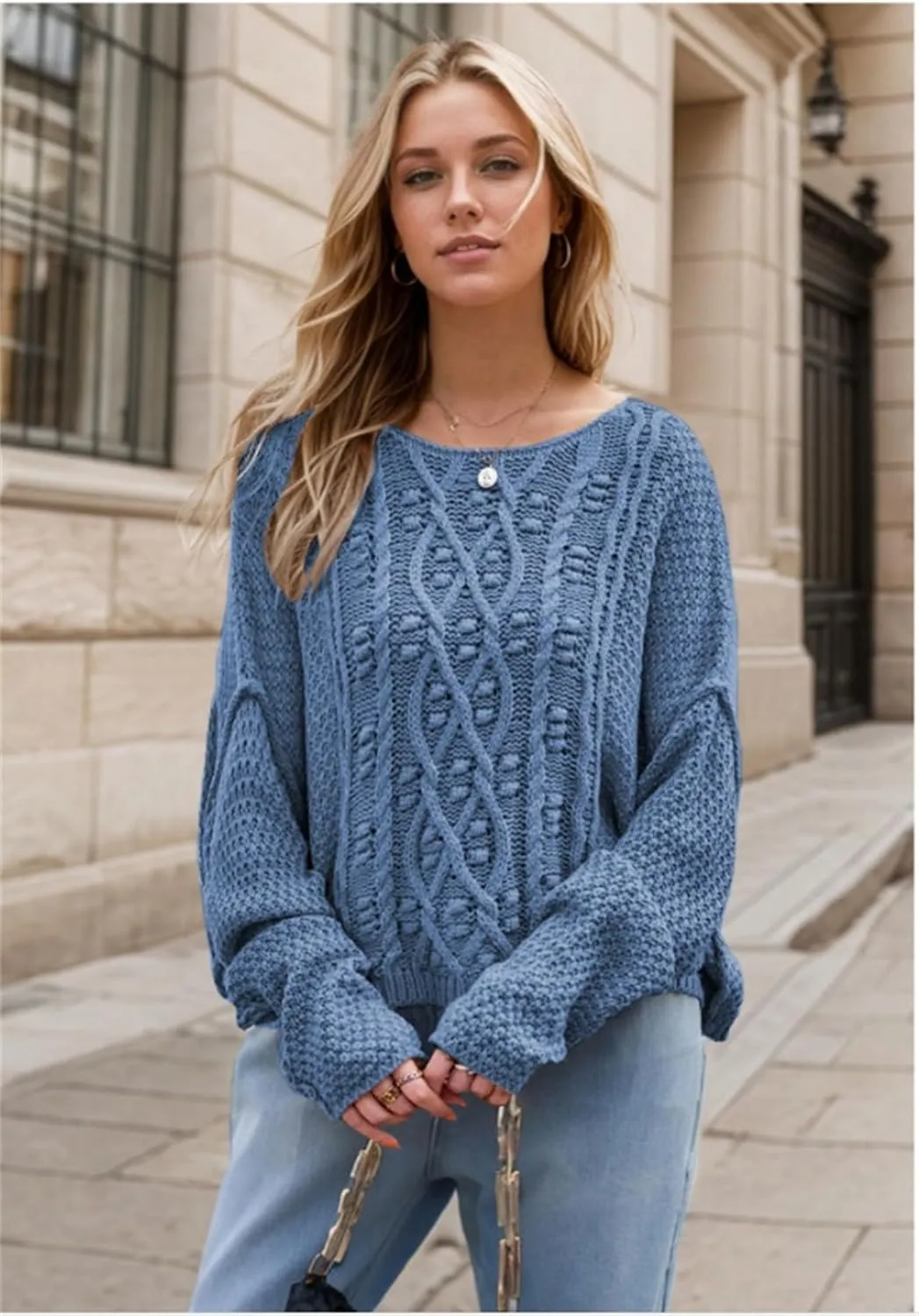 Women's Chunky Cable Knit Sweater,Oversized Cable Knit Sweater,Round Neck Loose Solid Color Knitted Sweater