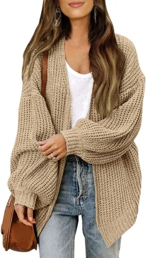 Women's Chunky Cardigan Sweaters 2024 Fall Cable Knit Open Front Sweater Lantern Sleeve Oversized Cardigan Outwear
