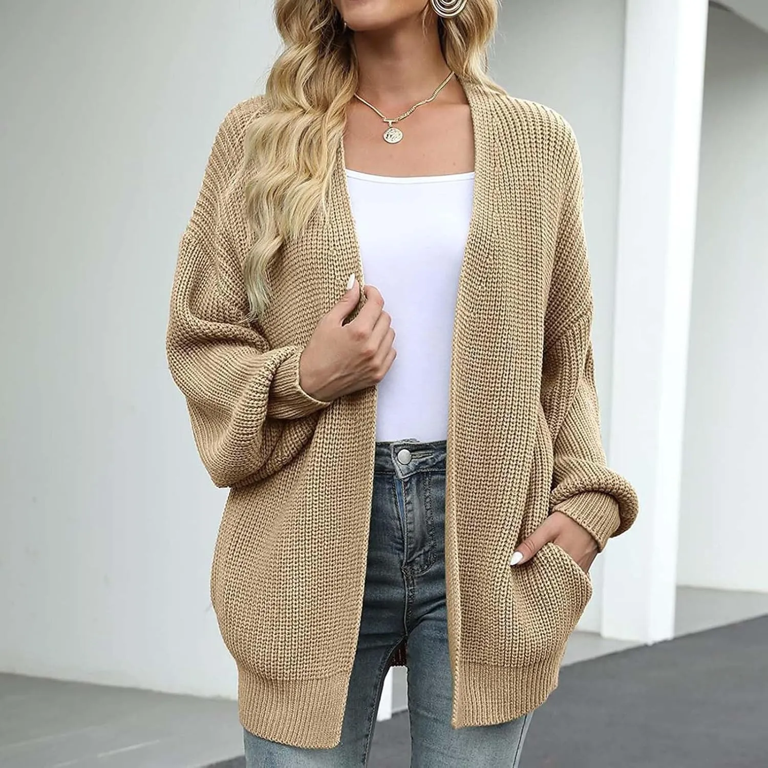 Women's Chunky Cardigan Sweaters 2024 Fall Cable Knit Open Front Sweater Lantern Sleeve Oversized Cardigan Outwear