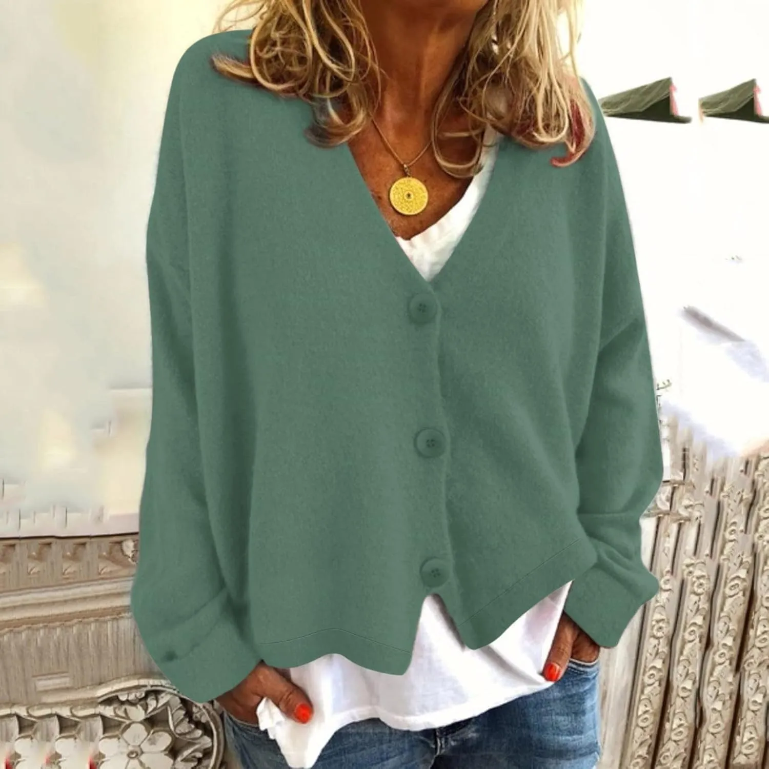 Women's Chunky Knit Open Front Sweater Long Sleeve Casual Solid Color Sweaters Coats V Neck Outerwear Button Loose Cardigan
