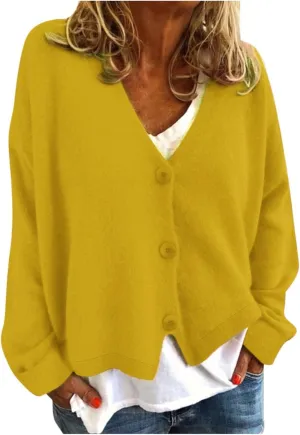 Women's Chunky Knit Open Front Sweater Long Sleeve Casual Solid Color Sweaters Coats V Neck Outerwear Button Loose Cardigan