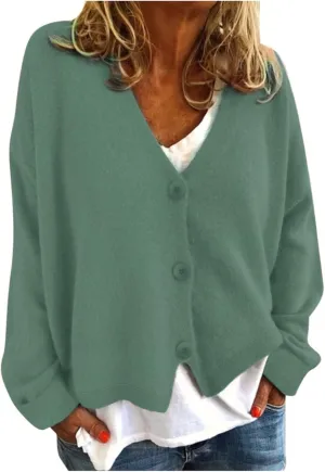 Women's Chunky Knit Open Front Sweater Long Sleeve Casual Solid Color Sweaters Coats V Neck Outerwear Button Loose Cardigan