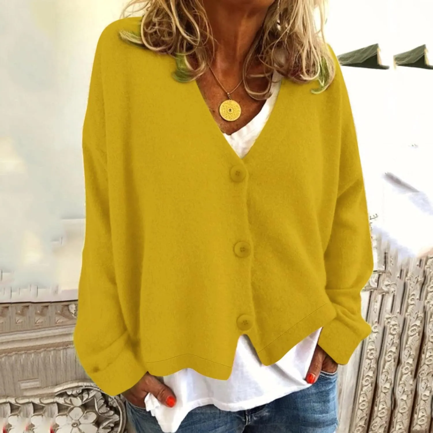 Women's Chunky Knit Open Front Sweater Long Sleeve Casual Solid Color Sweaters Coats V Neck Outerwear Button Loose Cardigan