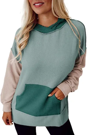 Womens Corduroy Hoodies Autumn Color Block Hooded Long Sleeve High Low Irregular Hem Sweatshirts Casual Workout Tops