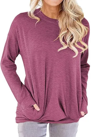 Womens Crewneck Long Sleeve Sweatshirts Casual Pullover Tops Loose Shirt with Pockets