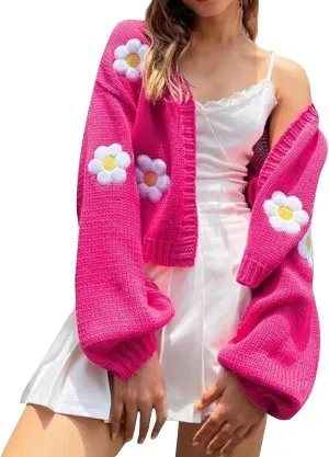 Women's Cropped Cardigan Sweaters Lightweight Cable Knit Cute Flower Sweater Trendy Open Front Cardigans Y2k Clothes
