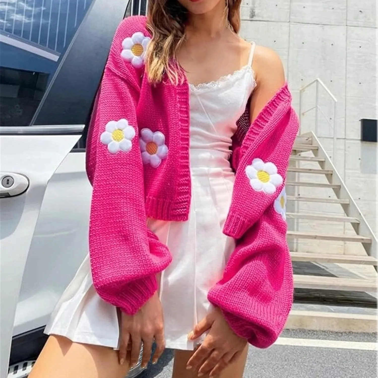 Women's Cropped Cardigan Sweaters Lightweight Cable Knit Cute Flower Sweater Trendy Open Front Cardigans Y2k Clothes