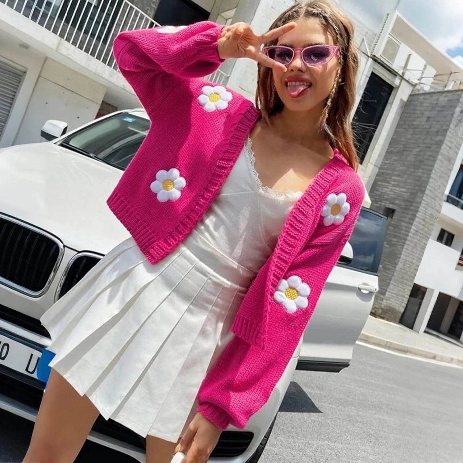 Women's Cropped Cardigan Sweaters Lightweight Cable Knit Cute Flower Sweater Trendy Open Front Cardigans Y2k Clothes