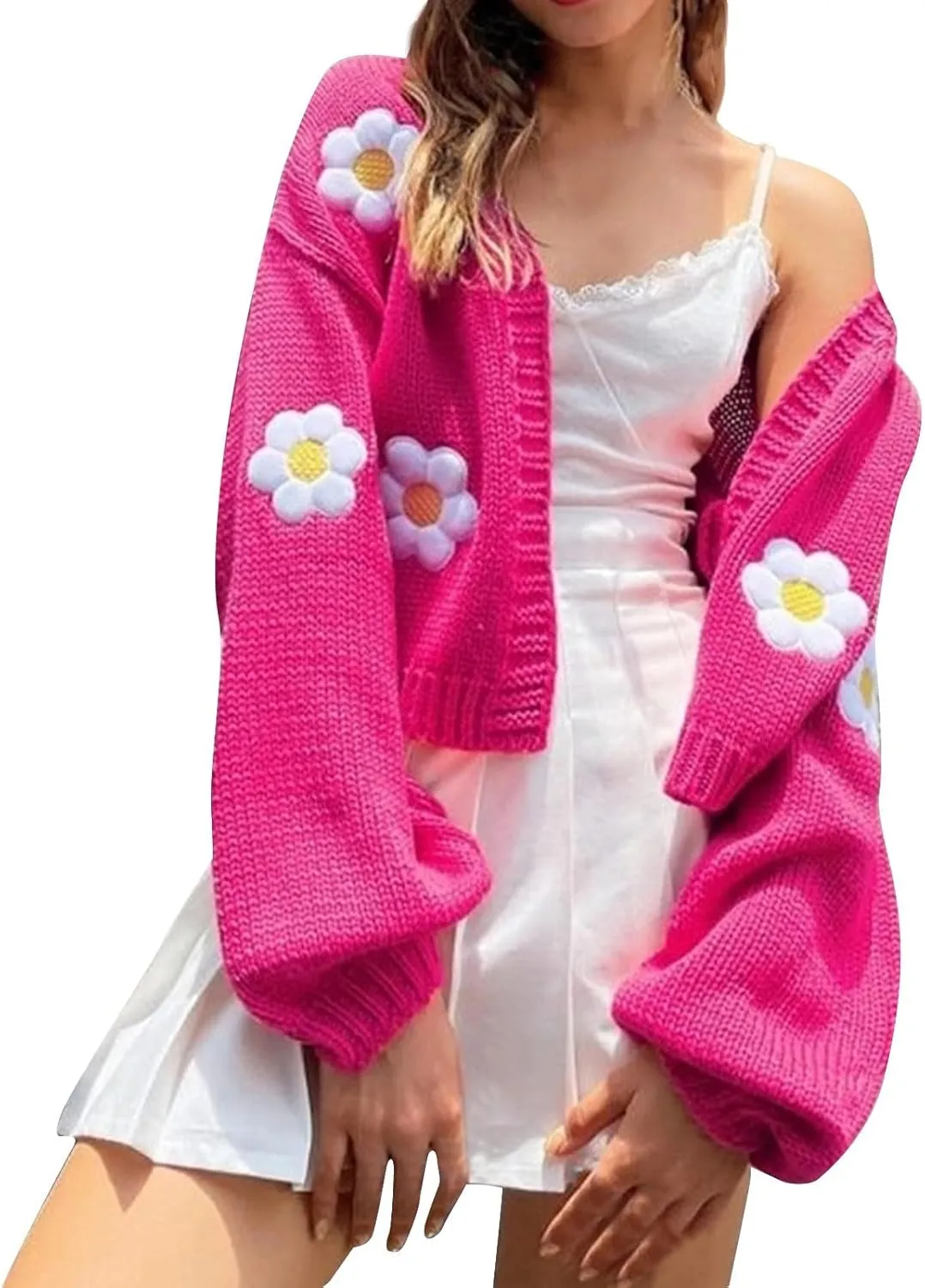 Women's Cropped Cardigan Sweaters Lightweight Cable Knit Cute Flower Sweater Trendy Open Front Cardigans Y2k Clothes
