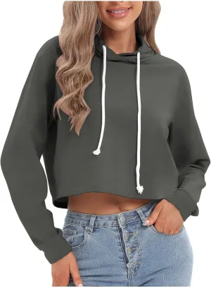 Women's Cropped Hoodies Casual Long Sleeve Drawstring Hooded Sweatshirt Y2K Crop Tops Hoodie for Teen Girls