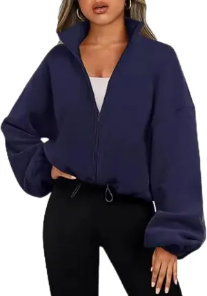 Womens Cropped Jacket Fleece Sweatshirts Fall Fashion 2024 Zip up Sport Casual Stand Collared Long Sleeve Outfits