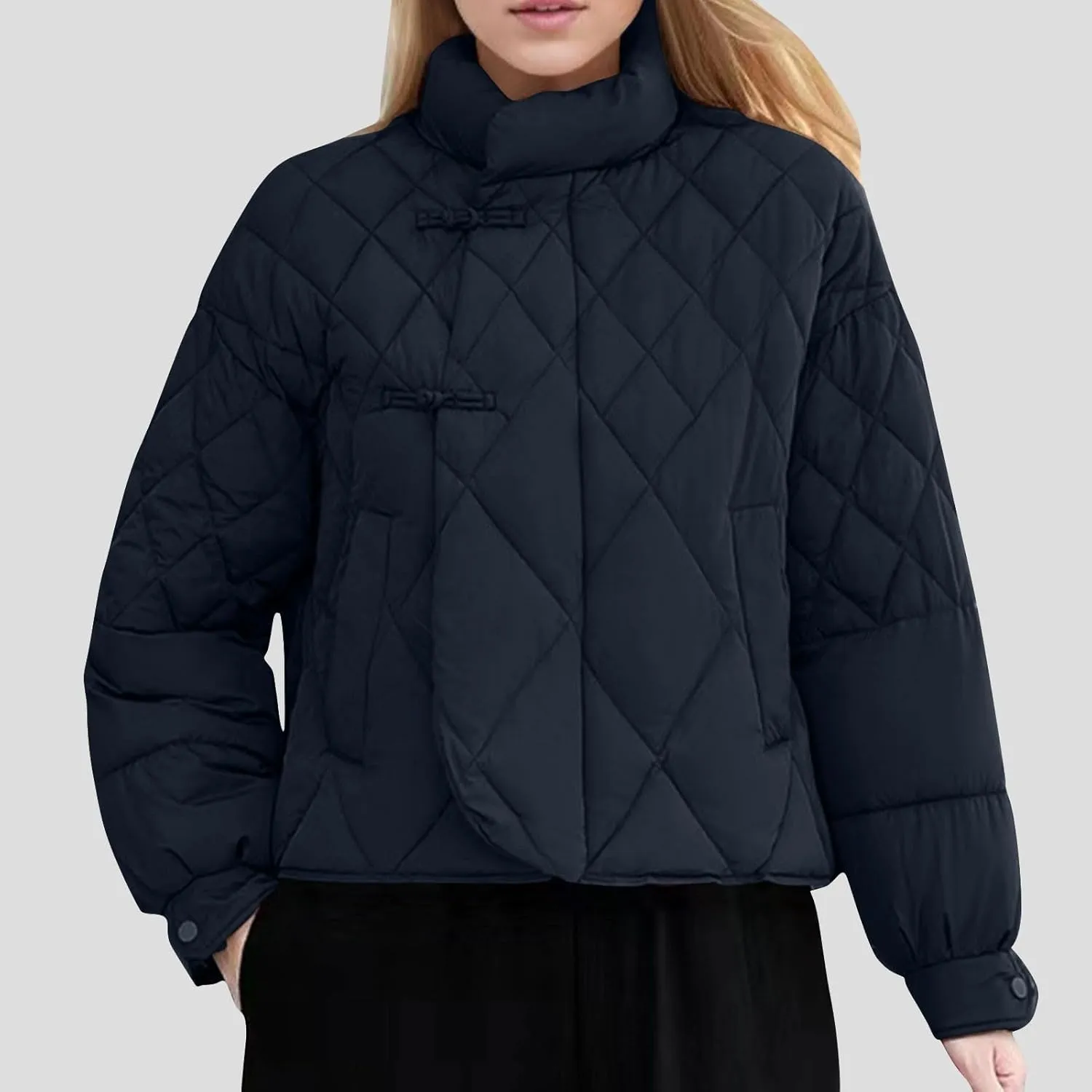 Women's Diamond Quilted Puffer Jacket Winter Long Sleeve Stand Collar Baggy Short Down Coats with Pockets
