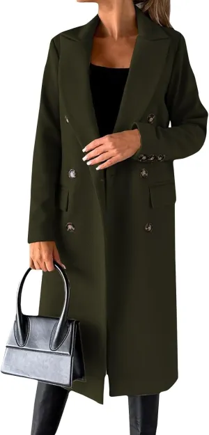Womens Double Breasted Long Wool Coats Casual Notch Lapel Pea Coat Winter Wool Blend Peacoat Blazer Jackets Outwear