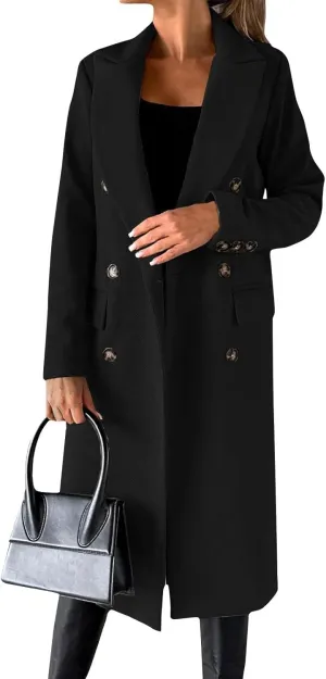 Womens Double Breasted Long Wool Coats Casual Notch Lapel Pea Coat Winter Wool Blend Peacoat Blazer Jackets Outwear