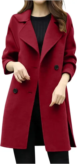 Women's Double Breasted Wool Blend Coat Classic Notch Lapel Mid Long Pea Coats Winter Elegant Trench Jacket
