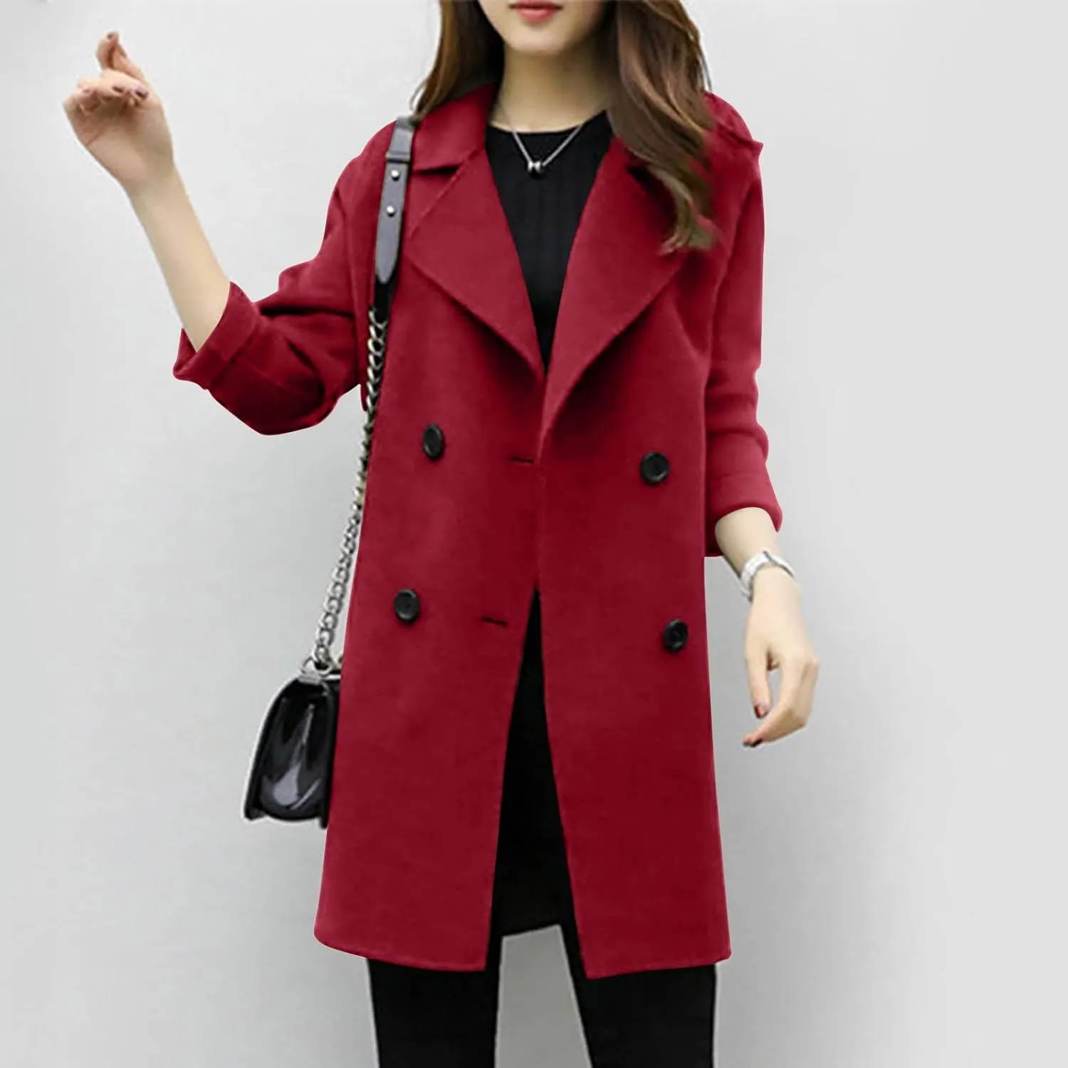 Women's Double Breasted Wool Blend Coat Classic Notch Lapel Mid Long Pea Coats Winter Elegant Trench Jacket