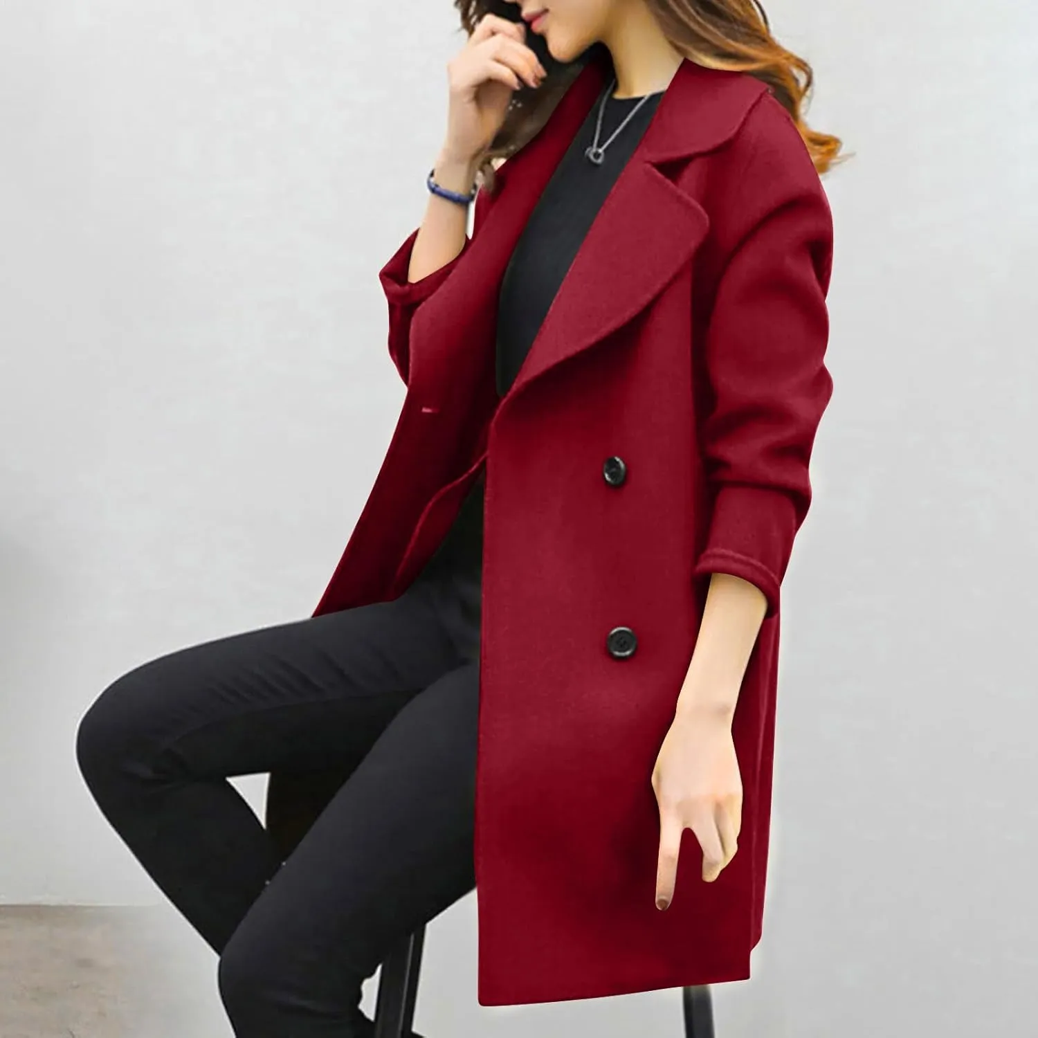 Women's Double Breasted Wool Blend Coat Classic Notch Lapel Mid Long Pea Coats Winter Elegant Trench Jacket
