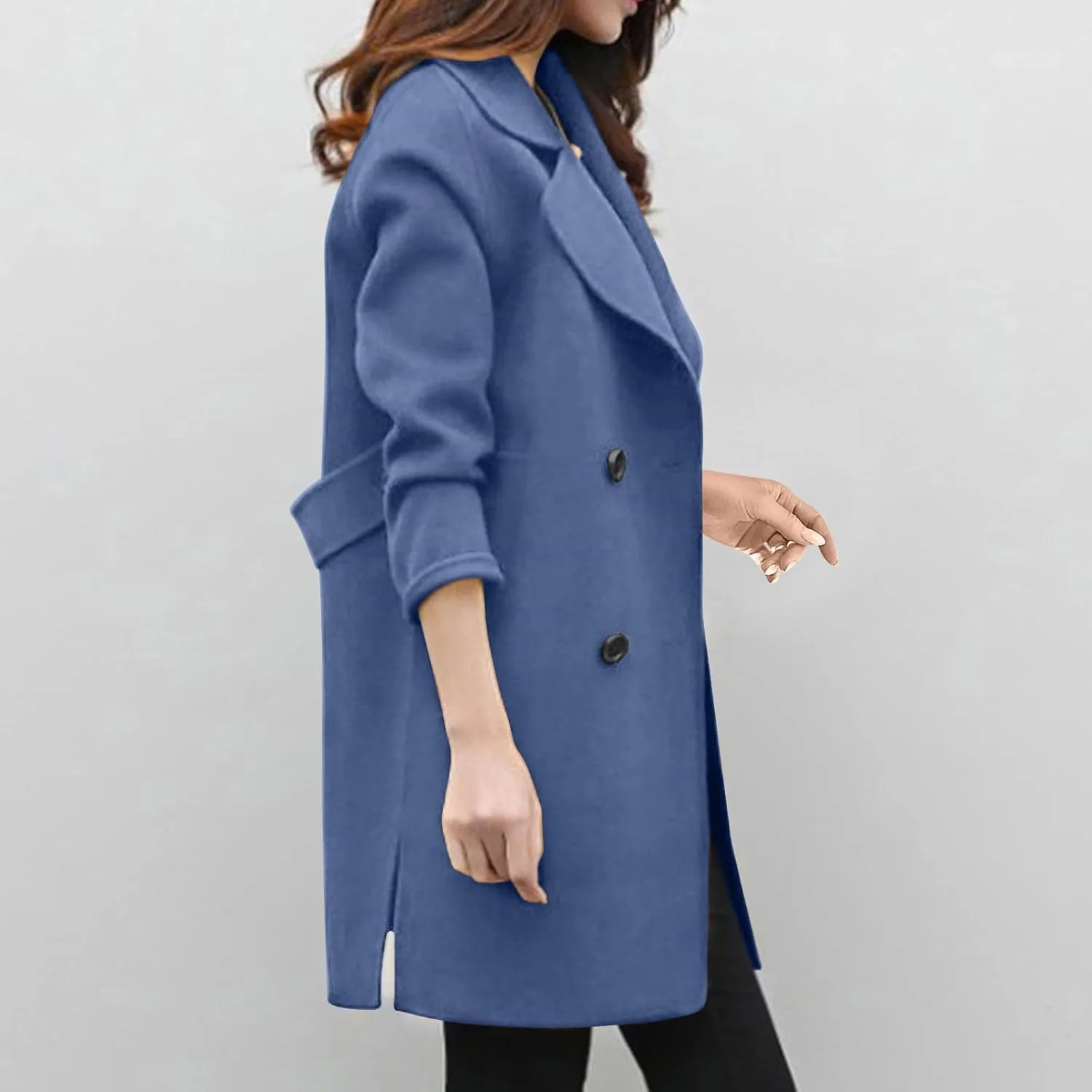 Women's Double Breasted Wool Blend Coat Classic Notch Lapel Mid Long Pea Coats Winter Elegant Trench Jacket