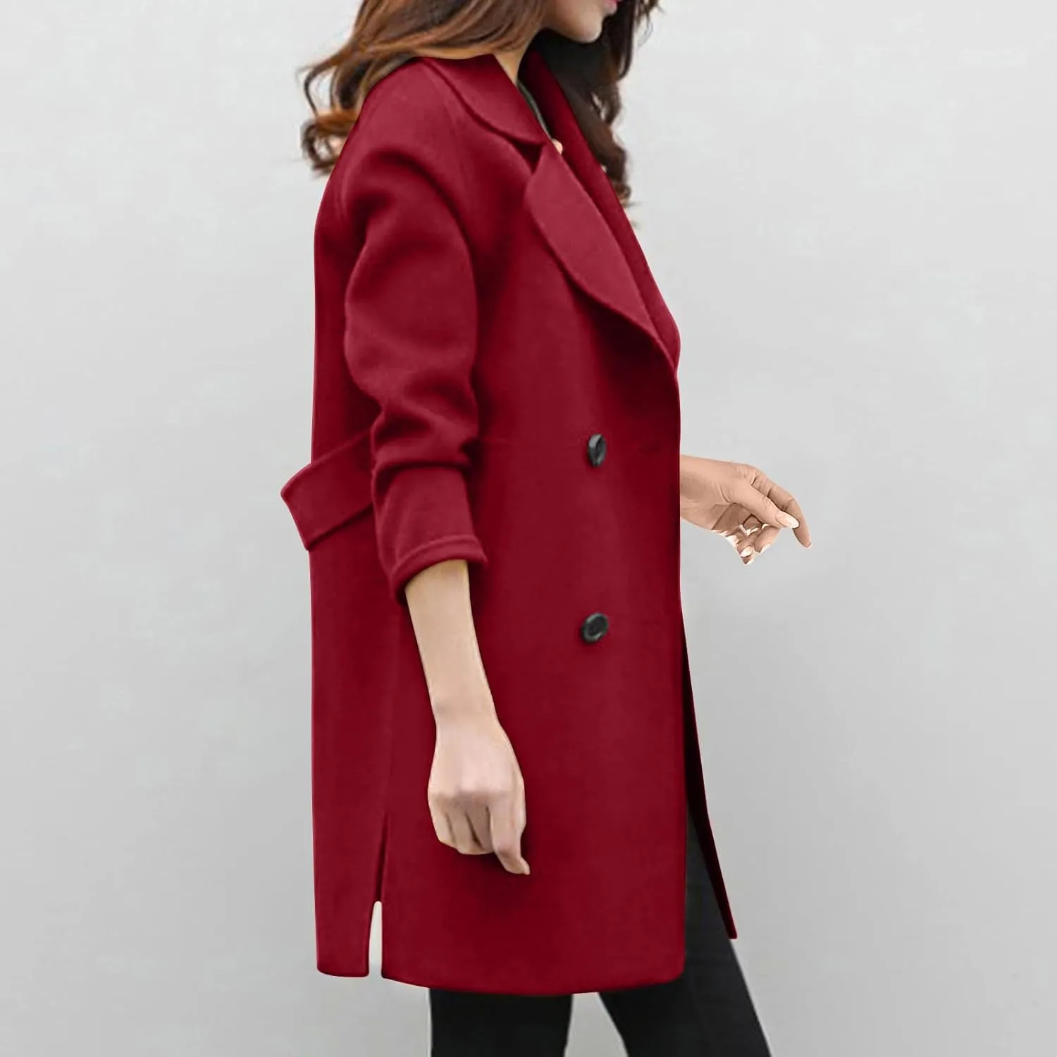 Women's Double Breasted Wool Blend Coat Classic Notch Lapel Mid Long Pea Coats Winter Elegant Trench Jacket