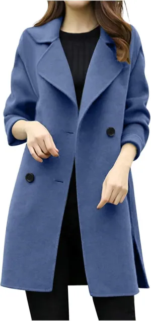 Women's Double Breasted Wool Blend Coat Classic Notch Lapel Mid Long Pea Coats Winter Elegant Trench Jacket