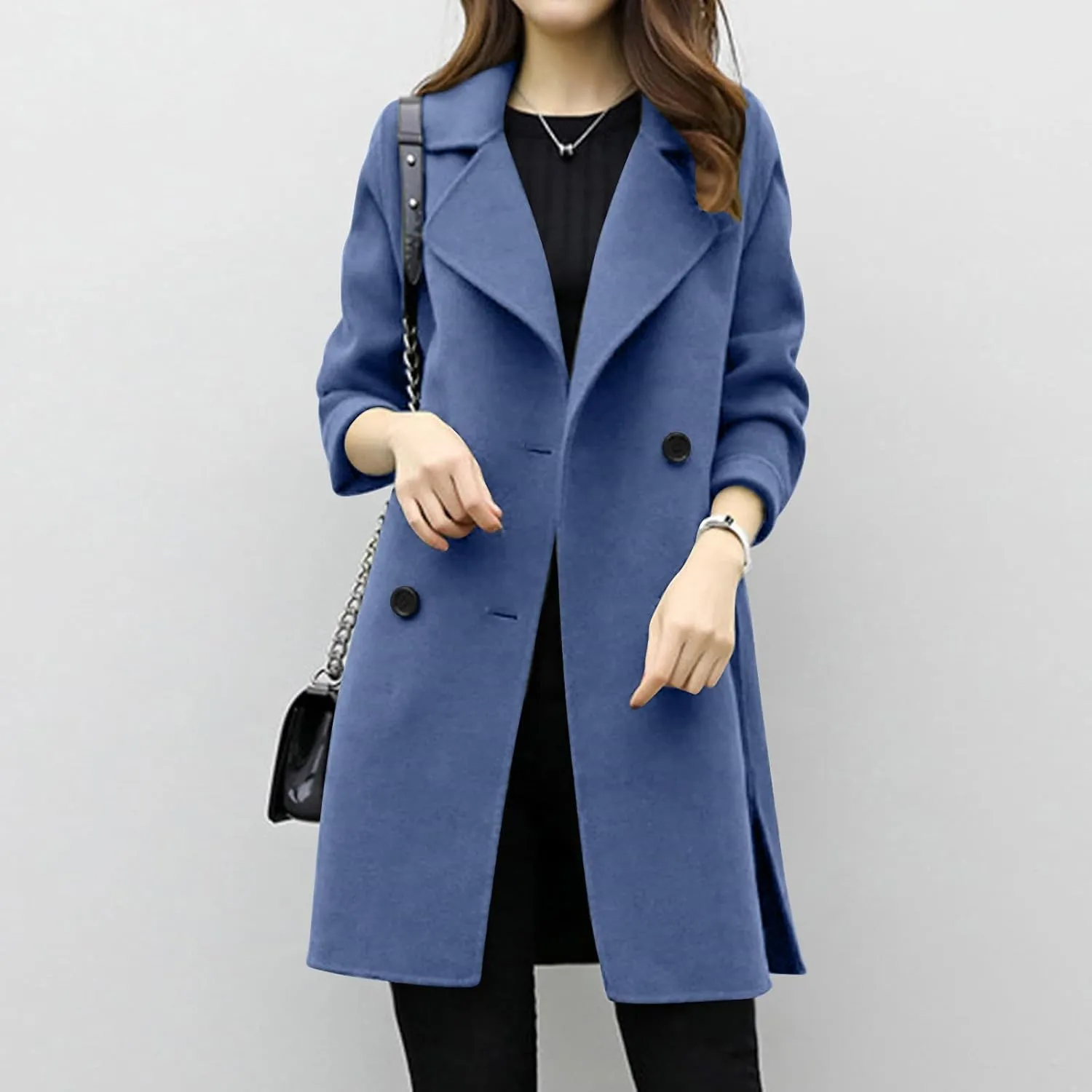 Women's Double Breasted Wool Blend Coat Classic Notch Lapel Mid Long Pea Coats Winter Elegant Trench Jacket