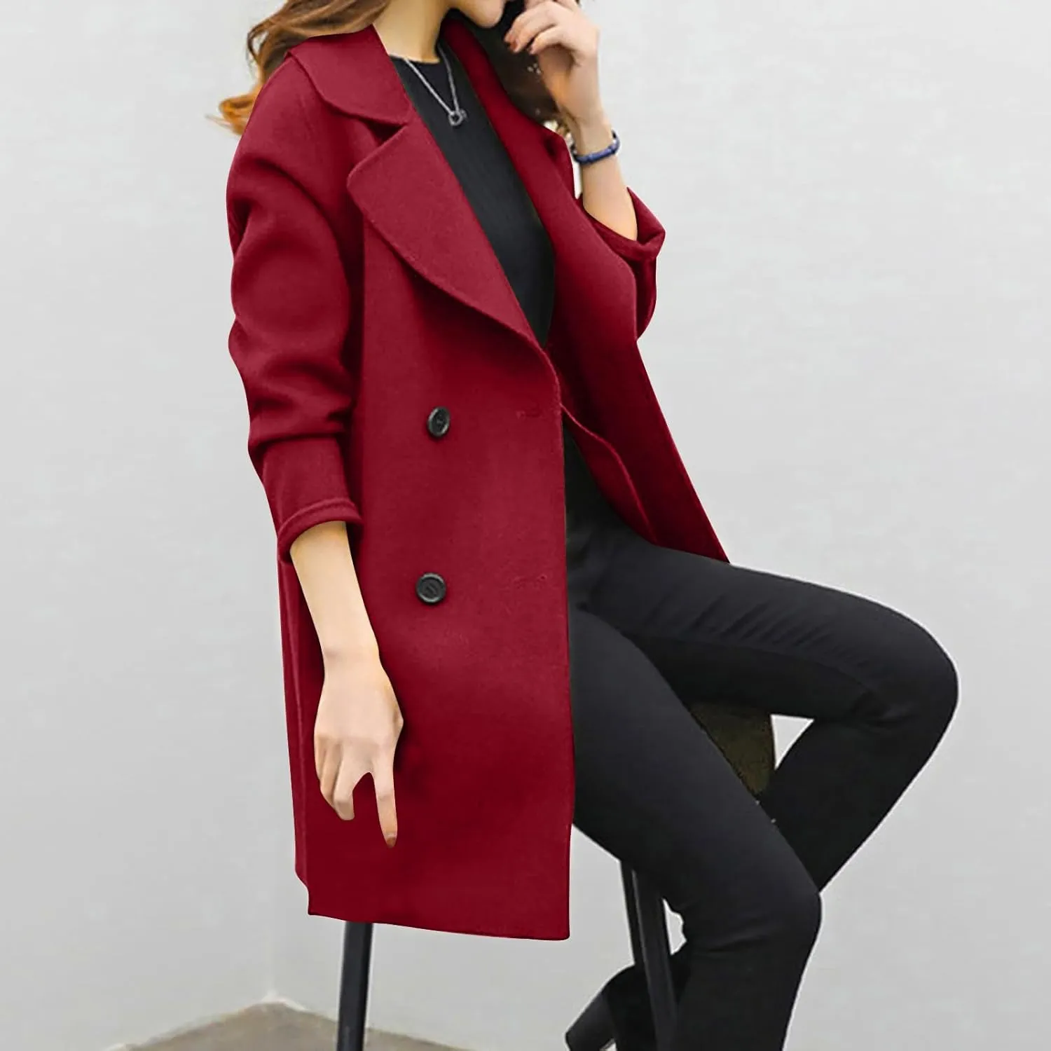 Women's Double Breasted Wool Blend Coat Classic Notch Lapel Mid Long Pea Coats Winter Elegant Trench Jacket