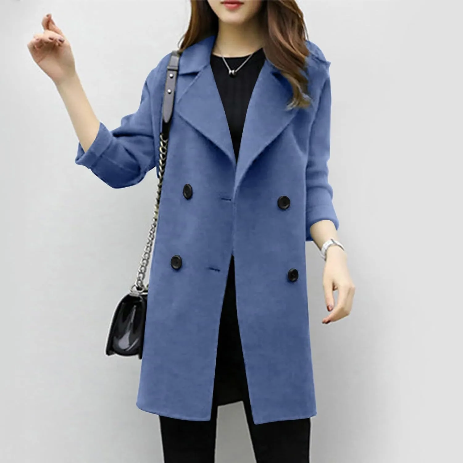 Women's Double Breasted Wool Blend Coat Classic Notch Lapel Mid Long Pea Coats Winter Elegant Trench Jacket