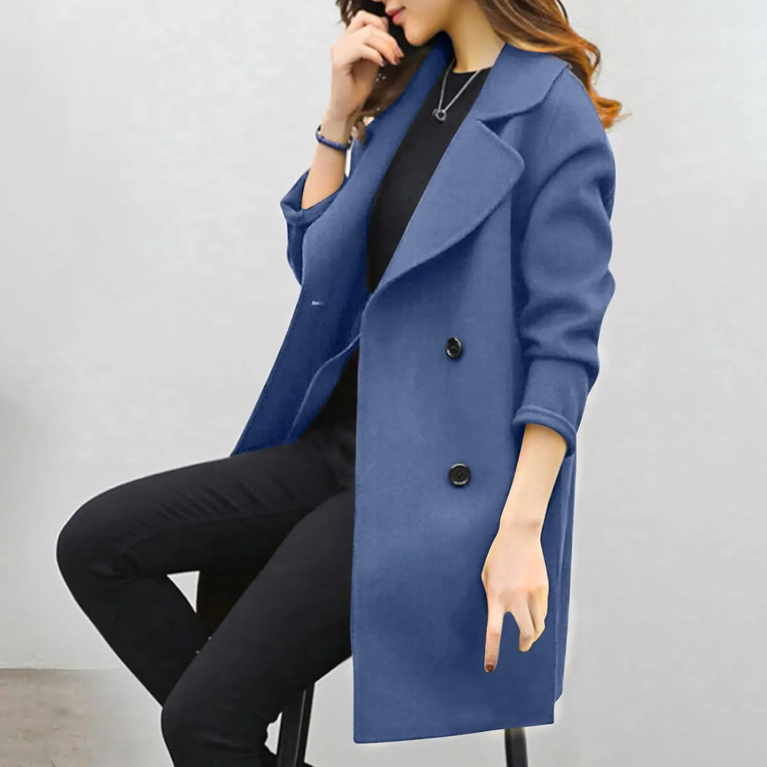 Women's Double Breasted Wool Blend Coat Classic Notch Lapel Mid Long Pea Coats Winter Elegant Trench Jacket