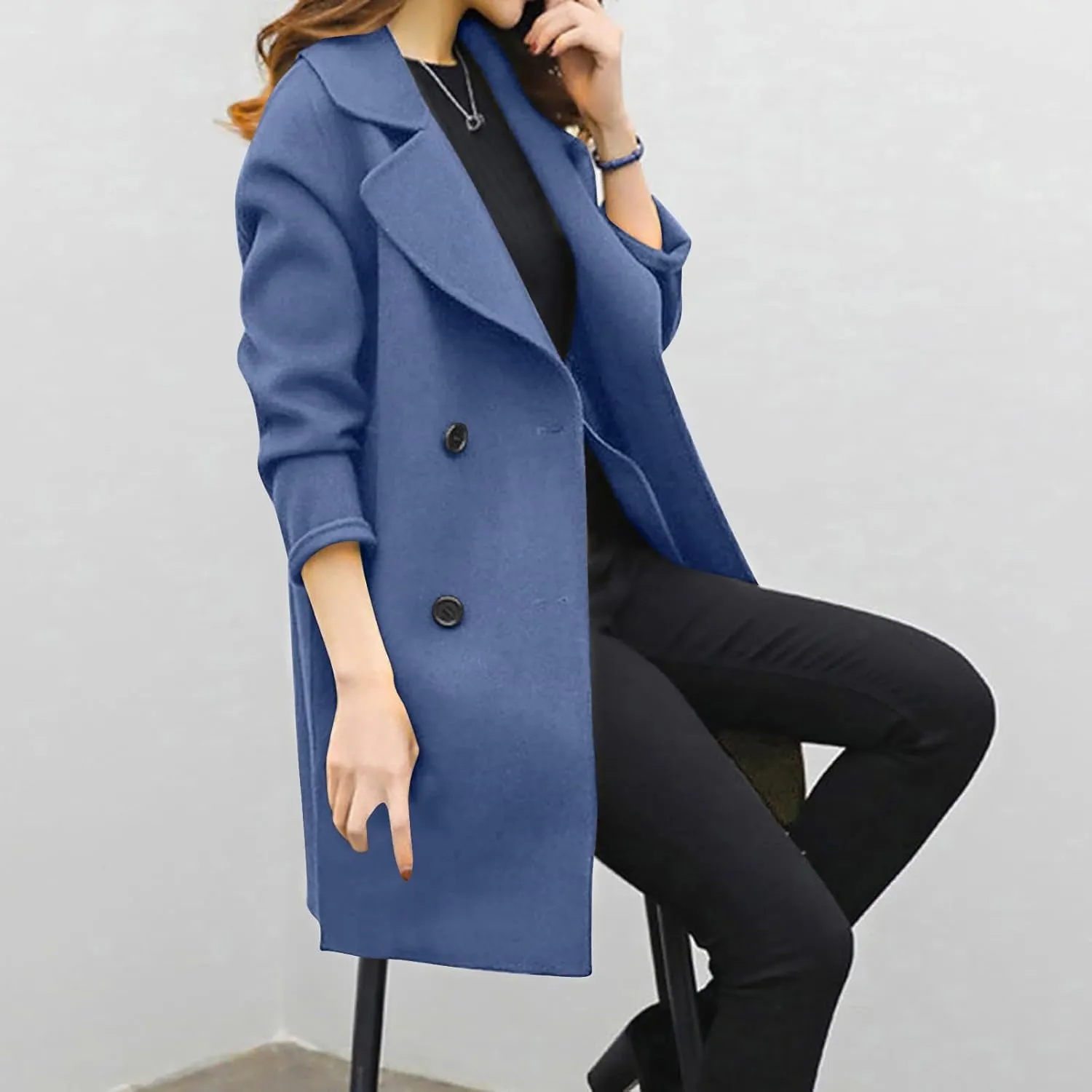 Women's Double Breasted Wool Blend Coat Classic Notch Lapel Mid Long Pea Coats Winter Elegant Trench Jacket