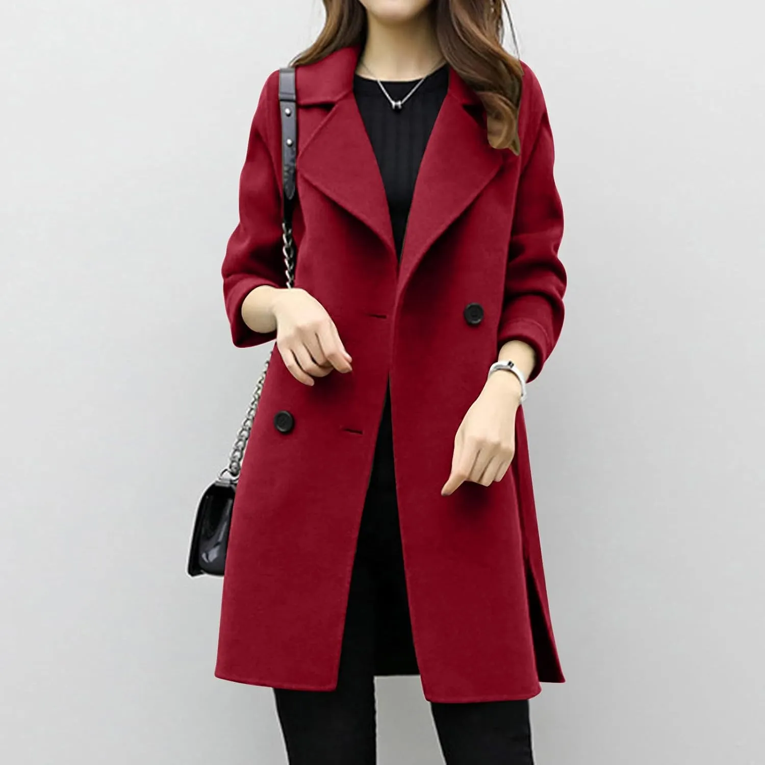 Women's Double Breasted Wool Blend Coat Classic Notch Lapel Mid Long Pea Coats Winter Elegant Trench Jacket