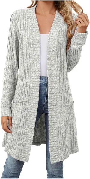 Womens Fall Long Cardigan Lightweight Soft Ribbed Knit Open Front Cardigan Sweaters Long Sleeve Coat Outwear