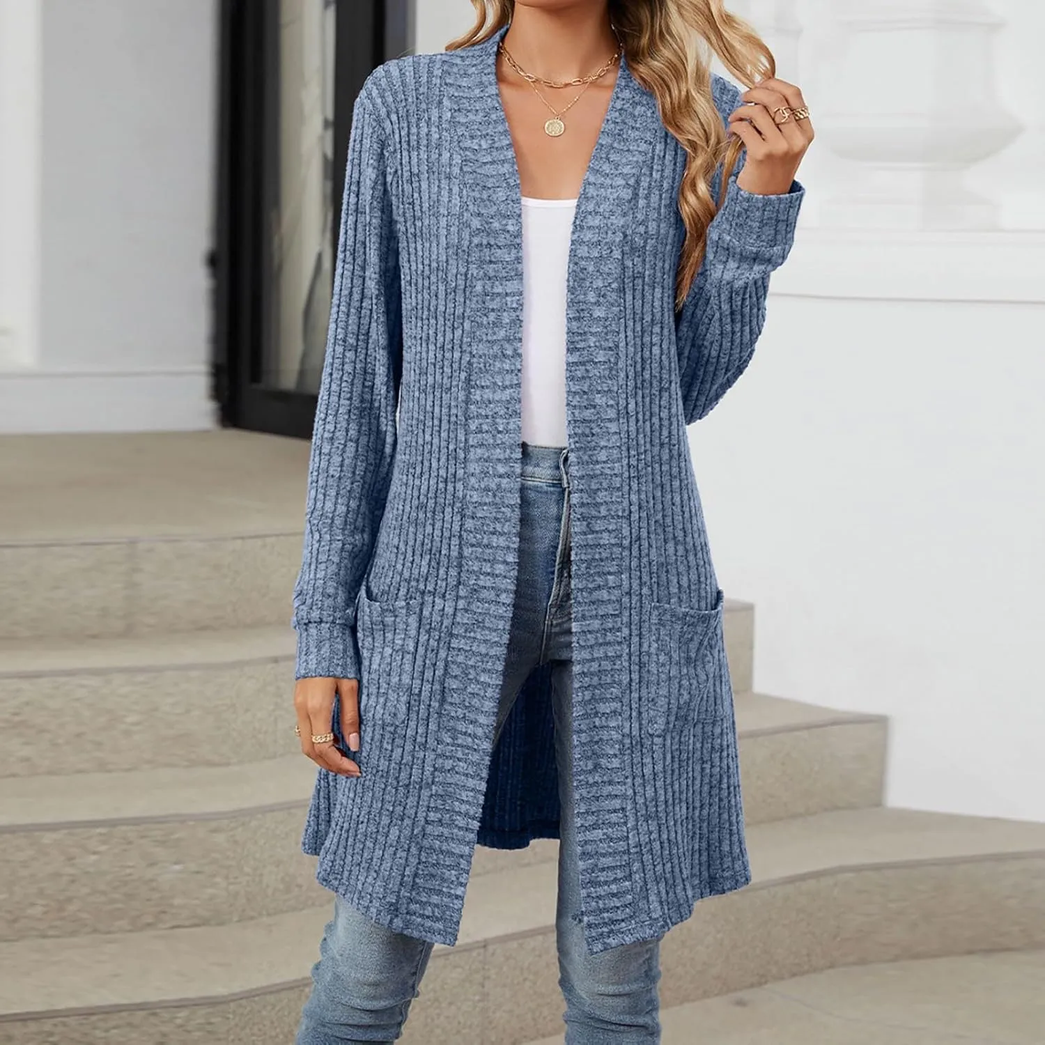 Womens Fall Long Cardigan Lightweight Soft Ribbed Knit Open Front Cardigan Sweaters Long Sleeve Coat Outwear