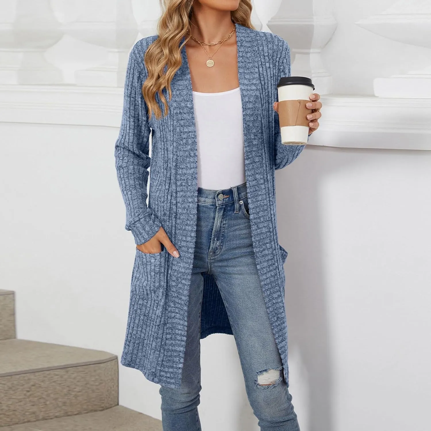 Womens Fall Long Cardigan Lightweight Soft Ribbed Knit Open Front Cardigan Sweaters Long Sleeve Coat Outwear