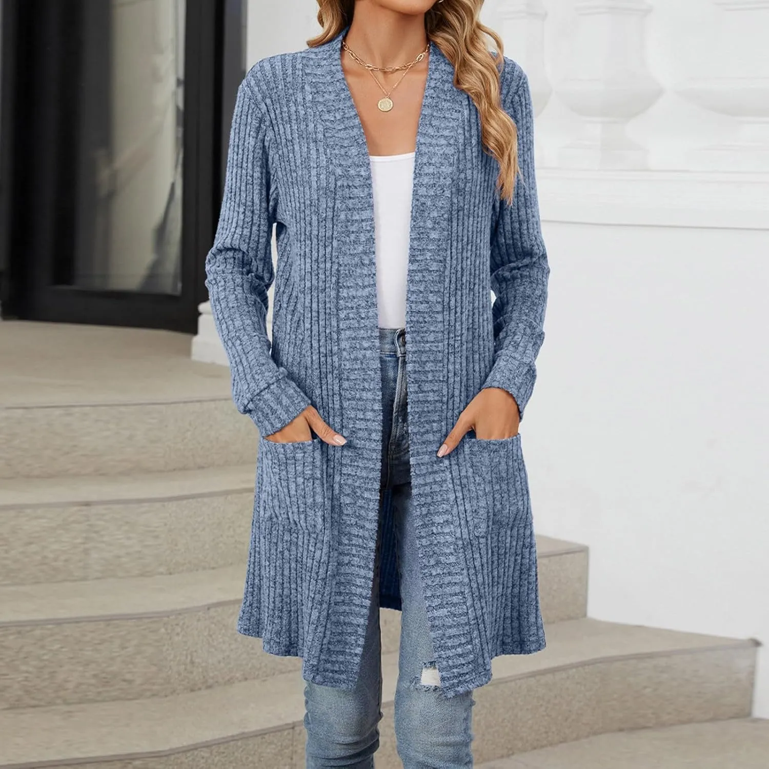 Womens Fall Long Cardigan Lightweight Soft Ribbed Knit Open Front Cardigan Sweaters Long Sleeve Coat Outwear
