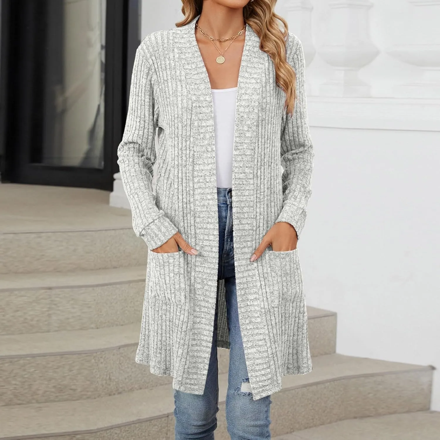 Womens Fall Long Cardigan Lightweight Soft Ribbed Knit Open Front Cardigan Sweaters Long Sleeve Coat Outwear