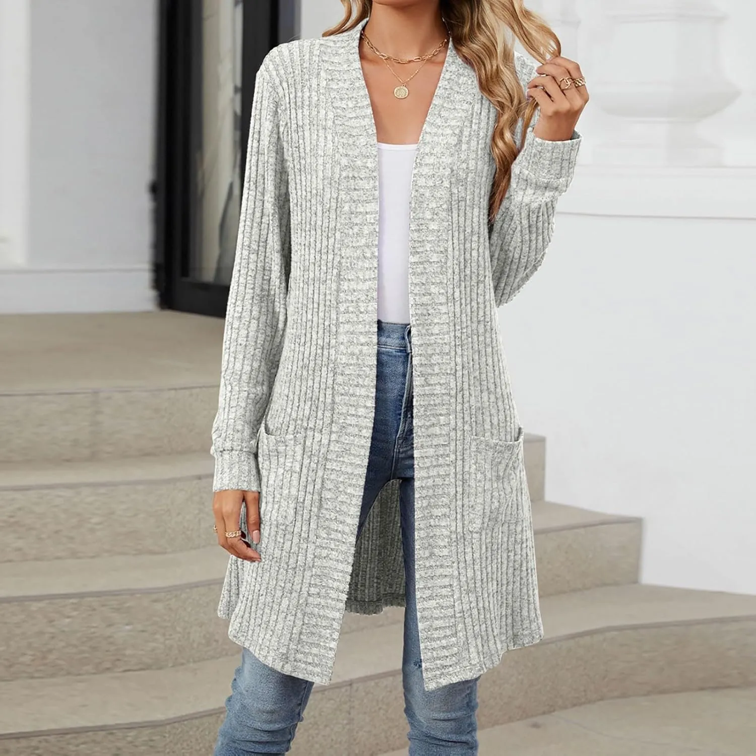 Womens Fall Long Cardigan Lightweight Soft Ribbed Knit Open Front Cardigan Sweaters Long Sleeve Coat Outwear