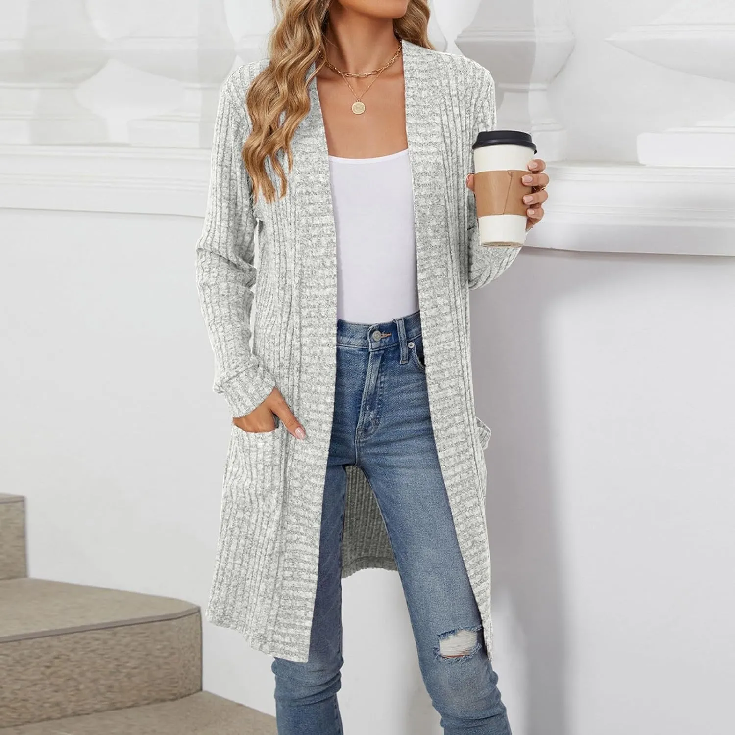 Womens Fall Long Cardigan Lightweight Soft Ribbed Knit Open Front Cardigan Sweaters Long Sleeve Coat Outwear