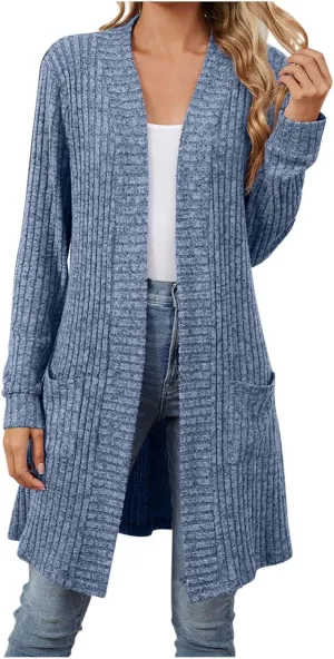 Womens Fall Long Cardigan Lightweight Soft Ribbed Knit Open Front Cardigan Sweaters Long Sleeve Coat Outwear