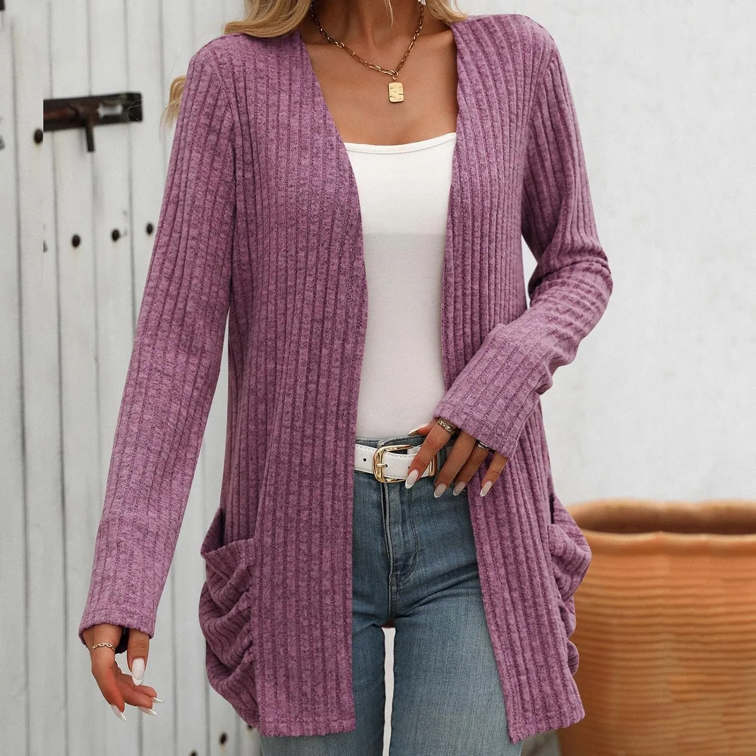 Womens Fall Open Front Cardigan Lightweight Soft Ribbed Knit Cardigan Sweaters Long Sleeve Coat Outwear with Pockets