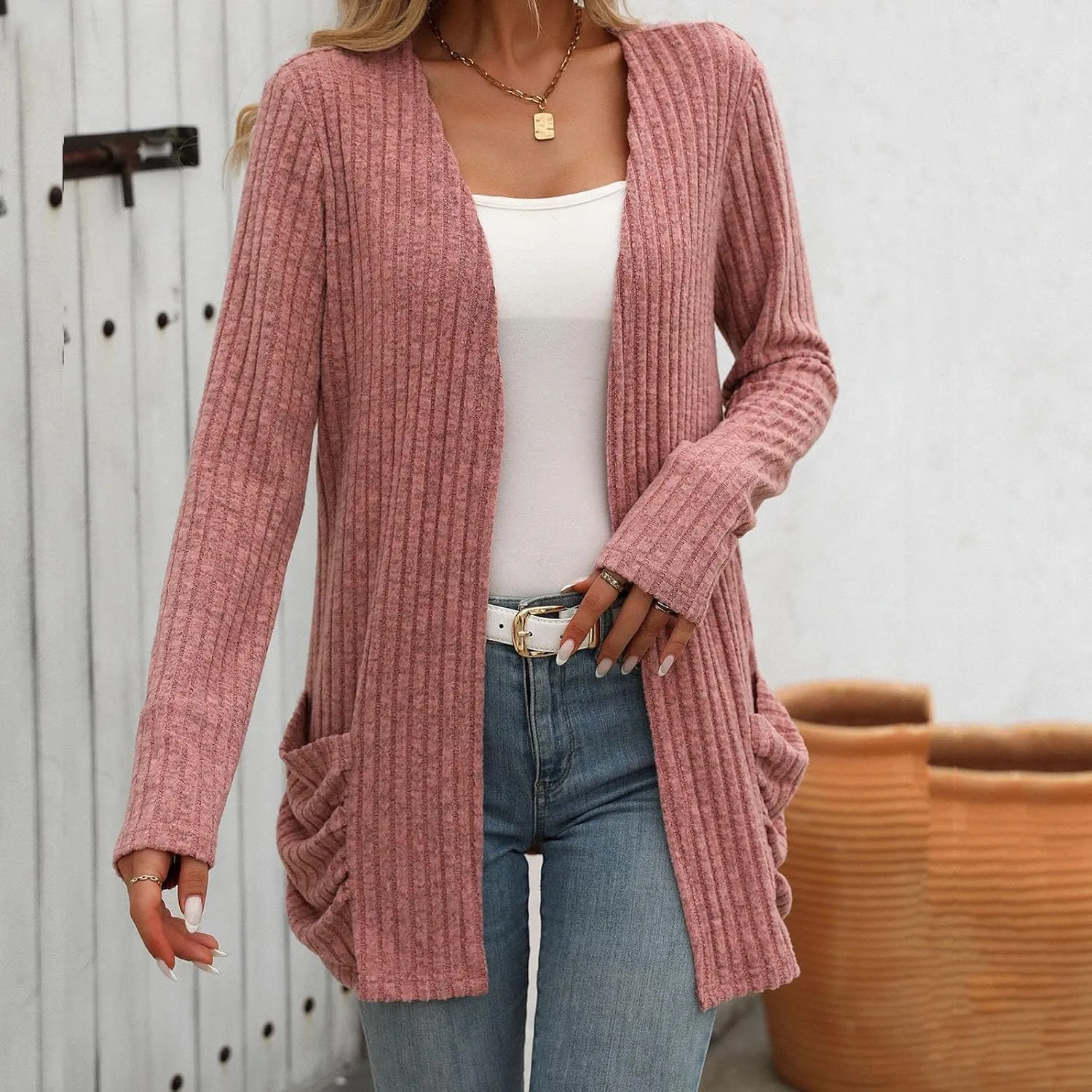 Womens Fall Open Front Cardigan Lightweight Soft Ribbed Knit Cardigan Sweaters Long Sleeve Coat Outwear with Pockets