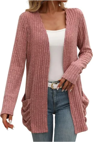 Womens Fall Open Front Cardigan Lightweight Soft Ribbed Knit Cardigan Sweaters Long Sleeve Coat Outwear with Pockets