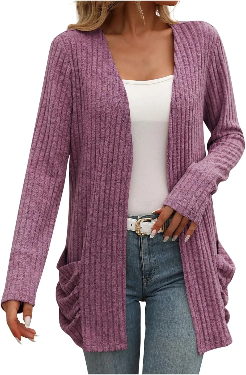 Womens Fall Open Front Cardigan Lightweight Soft Ribbed Knit Cardigan Sweaters Long Sleeve Coat Outwear with Pockets